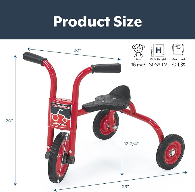 Angeles ClassicRider Push Bike for Toddlers, Toddler Tricycle with Solid Airless Rubber Tires, Kids Bike for Preschools and Daycare, Ages 18 months+, 12.75" Tall Seat