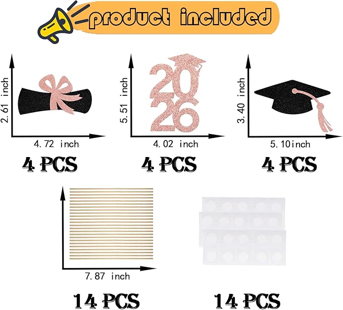 12Pcs Graduation 2026 Graduation Centerpiece Sticks Class of 2026 Party Decor Table Toppers for College High School Graduation Party Supplies Rose Gold & Black