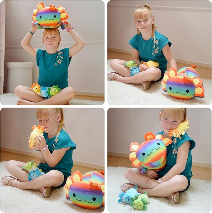 4Pcs Axolotl Plush, Giant Salamander Stuffed Animal Mommy 24 Inch with 3 Babies in Tummy, Cuddly Gifts for Kids Girls Boys