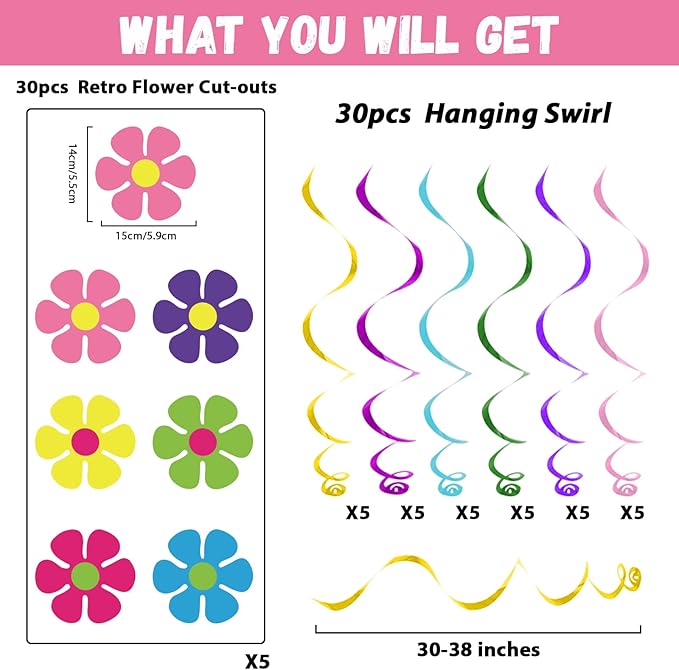 60s Hippie Party Foil Swirl Decorations Retro Flower Ceiling Hanging Swirls Banners Decor 60s Hippie Flower Cutouts Party Supplies for Groovy Retro Theme Birthday Baby Shower Parties Favor