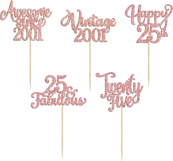 30Pcs Vintage 2001 Cupcake Toppers Glitter Twenty-Five 25 Fabulous Happy 25th Birthday Cupcake Picks Awesome Since 2001 Cake Decorations for 25th Birthday Retirement Party Supplies Rose Gold