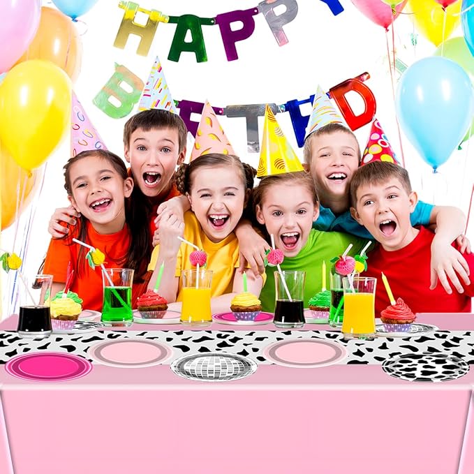 49Pcs Western Cowgirl Party Paper Plates Tablecloth for CowPrint Themed Supplies 7" Hot Pink-Disco Ball Disposable Dessert Plates for Cowgirl Birthday 80s 90s Shower Party Decorations