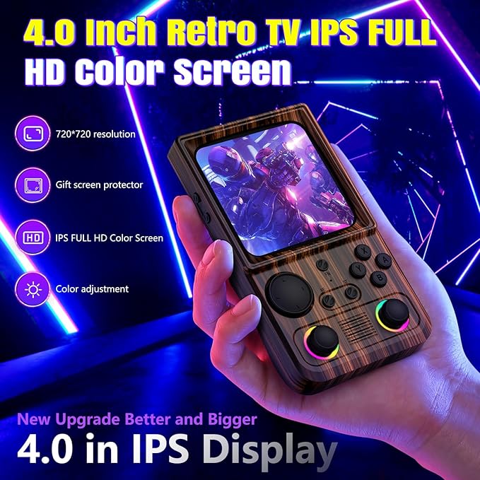 R36TMAX Retro Gaming Console, 4.0'' IPS Screen, Retro Handheld Game Console with 18000+ Classic Games Supports WiFi Networked Fighting and OTG, 4000mAh Battery, with Portable Case(Coffee Brown 64GB)