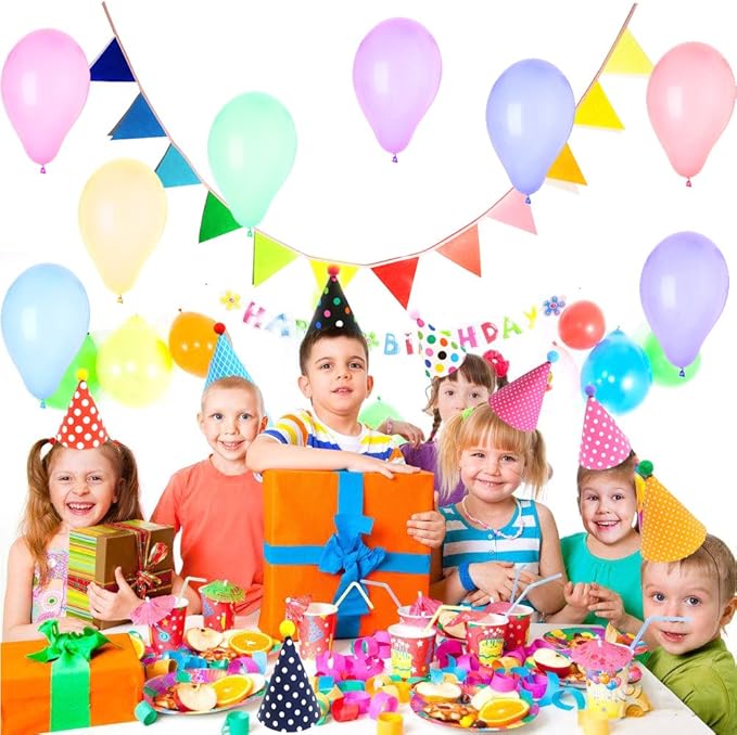 Party Hats for Kids Birthday Hats, DIY Mini Cone and Crown Set with Pom Poms, Small Paper Caps for Stuffed Animals, Pets or Toddler Decorations, Assorted Rainbow Colors