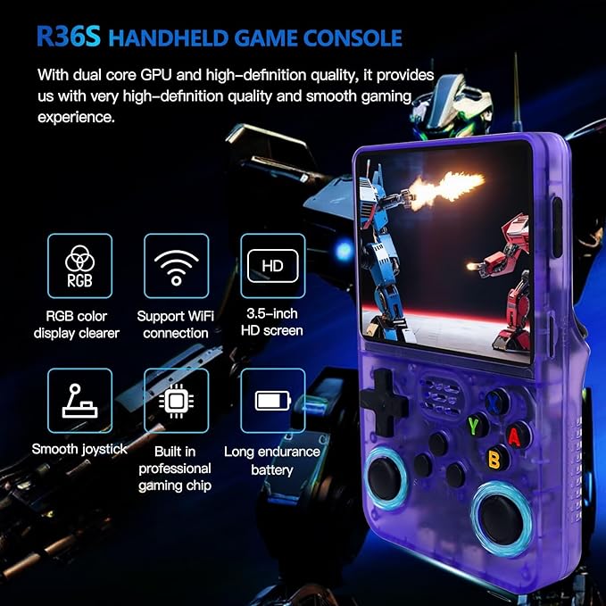 R36S Retro Handheld Game Console with 128G 3.5 Inch IPS Screen Built-in 15000 Games Open Source Linux System 640x480 Resolution Portable Pocket Video Player (Purple)