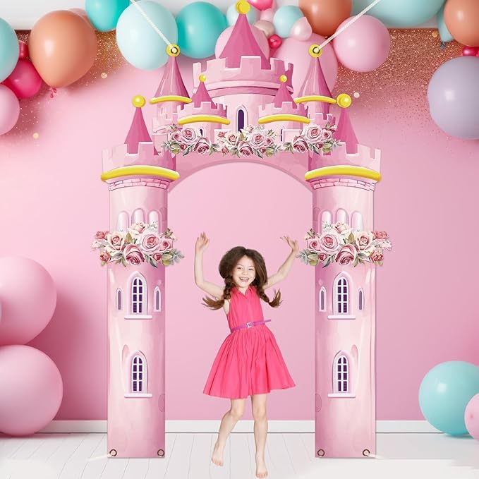 Princess Castle Valentine's Day Photo Prop Pink Princess Party Decorations Princesses Themed Polyester Fabric Birthday Photo Booth Props Pink Castle Door Hanging for Valentine's Day Party Supplies