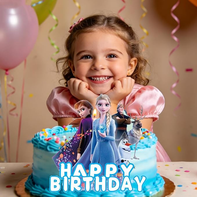 7Pcs Cute Blue Princess Birthday Cake Decorations，1 Large, 6 Small Snow Theme happy Birthday Cake Toppers，For Ice Birthday Party Supplies (A)