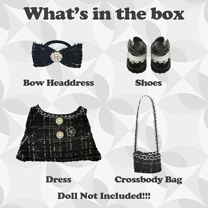 Clothes Compatible with LABUBU Doll – 4PCS Black Tweed Dress Set, 17cm Doll Clothes Designer Outfit for Classic Dinner Party Theme, Stylish Accessories for Labubu, No Doll (Midnight Tweed Charm)