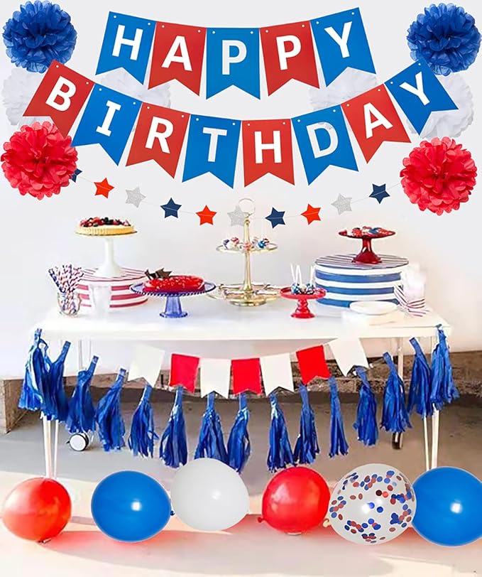 Blue White and Red Birthday Decorations, Patriotic Party Supplies Kit for Men Women Boys Grils, Happy Birthday Banner Paper Pompoms Red Blue Confetti Balloons Star Streamer for 4th of July Baseball