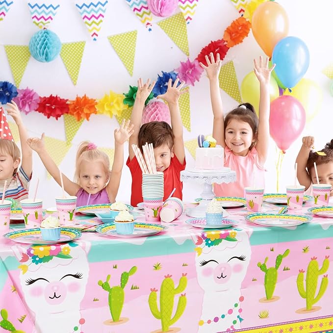 WERNNSAI 2 PCS Llama Table Cloth - Llama Birthday Decorations Alpaca and Cactus Tablecloth Cactus Party Decorations for Kids Girls Pink Birthday Party Supplies 54'' x 108''