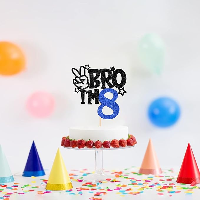 1 PCS Brother I'm 8 Cake Topper Glitter Star Happy 8th Birthday Cake Pick Bro I'm 8 Cake Decoration It's My 8th Birthday Decorations for Boys Cheers to 8 Years Old Birthday Party Supplies Blue