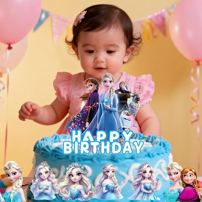 7Pcs Cute Blue Princess Birthday Cake Decorations，1 Large, 6 Small Snow Theme happy Birthday Cake Toppers，For Ice Birthday Party Supplies (A)