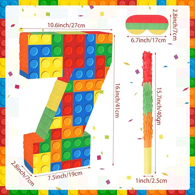 Number 7 Pinata with Blindfold and Bat Stick Building Block 7th Birthday Decorations for Kids Boys Girls Building Block Birthday Party Games Number Pinata for Fiesta