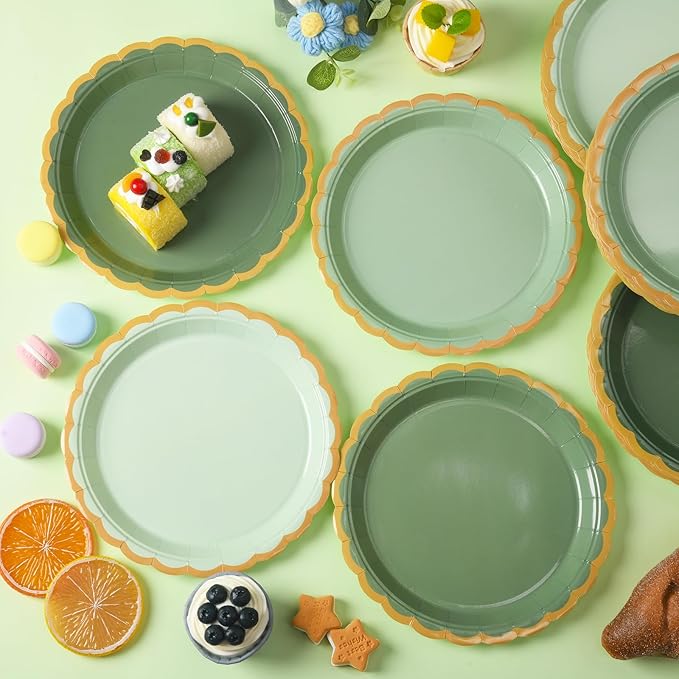 96 Pcs Sage Green Scalloped Party Paper Plates Disposable, 9" Cute Sage Green Dinner Baby Bridal Shower Dessert Birthday Paper Plate for Baby Shower Wedding Party Supplies