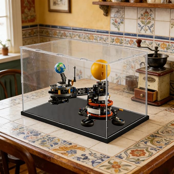 Thickened Clear Acrylic Display Case for LEGO 21062 Trevi Fountain for 42179 Planet Earth and Moon in Orbit 72037 42691 Collectibles, Transparent Box Dustproof with Light, Black Inside 15.7x7.9x11.8in