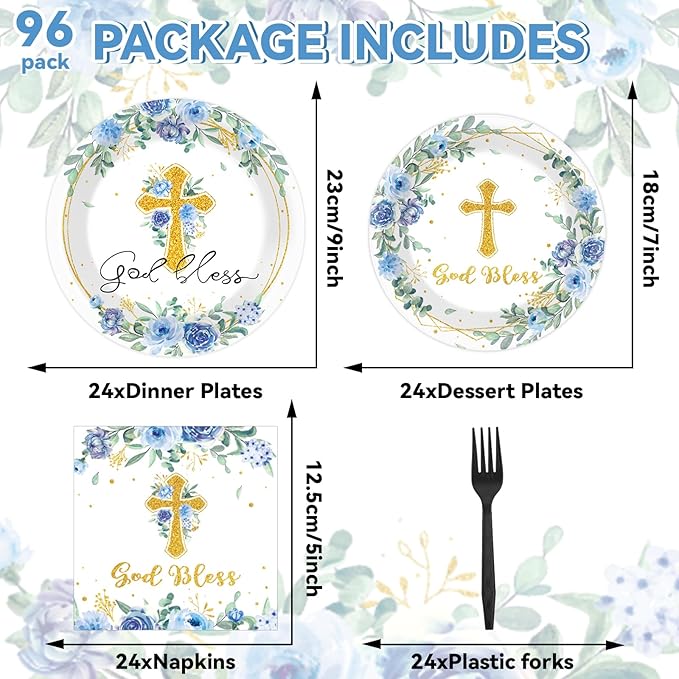 God Bless Baptism Plates and Napkins First Holy Communion Party Tableware Set Christening Ceremony Newborn Dinnerware Cross Blue Floral Plate Fork for Mi Bautizo Baby Shower Decor Supplies Serve 24