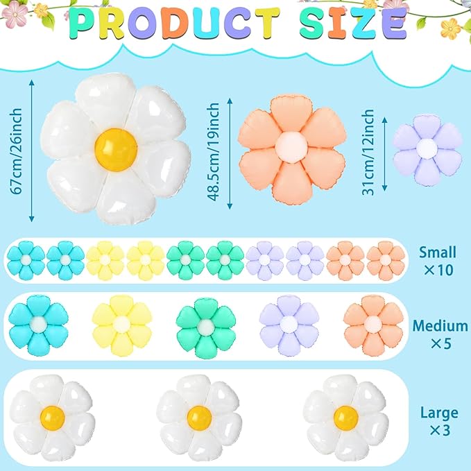 NOVWANG Colorful Daisy Balloons, 18pcs Daisy Flower Balloons Party Decorations for Birthday Wedding Baby Shower Party Decorations Supplies（Huge Balloon X 3, Medium X 5, Small X 10）