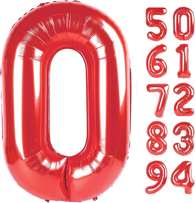 Red Number Balloon 40 Inch, 0 Number Balloons, 10 20 30 40 50 Numbers Balloon Birthday Decorations for Red Party Supplies