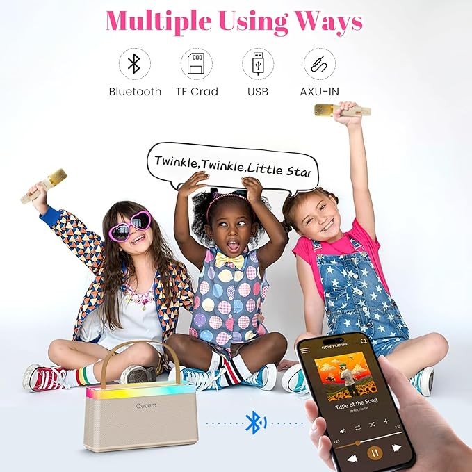 Karaoke Machine for Kids, Mini Karaoke Machine with 2 Wireless Microphones, Dual Speakers, RGB Dance Light, Voice Changer, TWS Mode, Perfect as Chirismas Birthday Toy Gift for Kids Aged 4-12