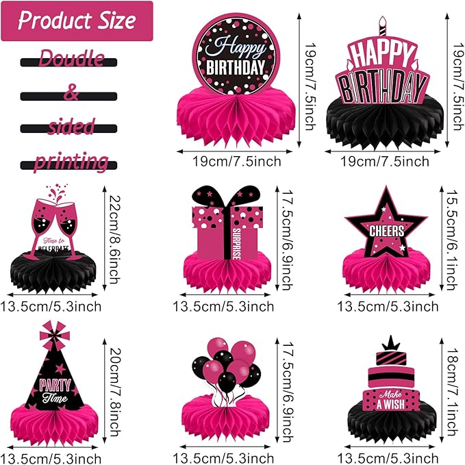 Pajean 8 Pieces Pink and Black Birthday Party Honeycomb Centerpieces Pink and Black Table Centerpieces Decorations Table Centerpiece Sign for Kids Adults Party Supplies