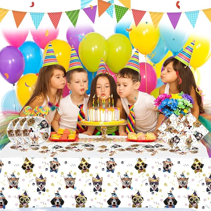Dog Party Tableware Set,20 Plates and 20 Napkins and Tablecloth71 '' x 42 '',Dog Birthday Theme Party Decorate Supplies