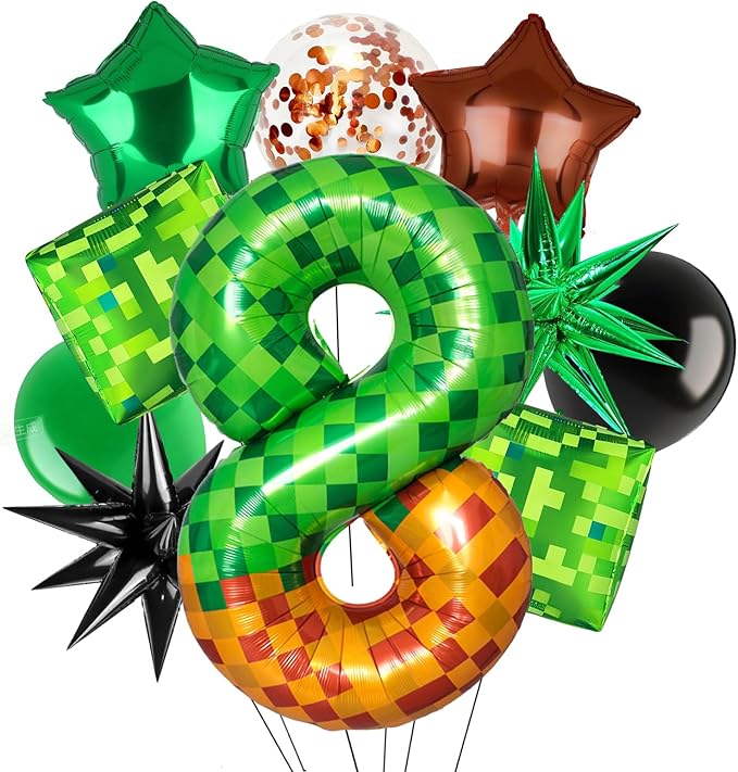 Green Pixel Miner Number 8 Foil Balloon Set 40 Inch Large Mylar Mining Theme Brown 8th Number Balloons Pixel Cubes Boxes Video Game Birthday Party Decorations 10Pcs