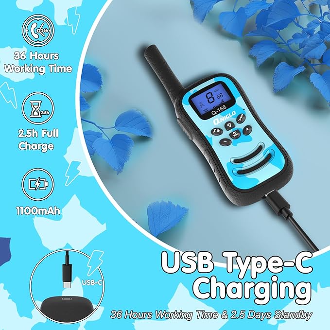 Qniglo Kids Walkie Talkies Rechargeable with USB Charger, 3 Pack Walki Talki for 3-12 Years Old Boys Girls Toys Gifts, Walkie-Talkies with Flashlight Lanyard for Camping Games and Indoor Playing