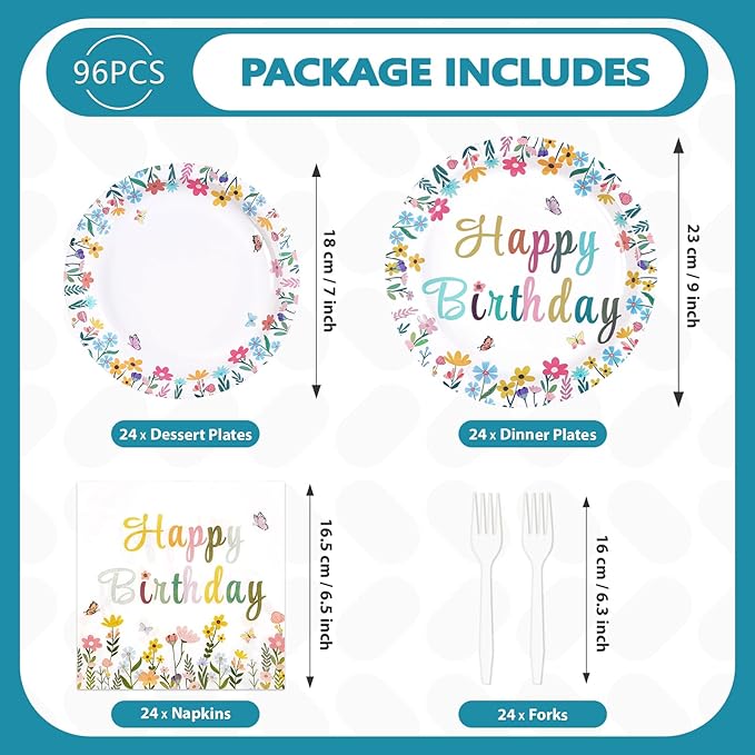 96Pcs Spring Flower Birthday Party Decorations Colorful Wildflower Plates and Napkins Groovy Boho Floral Leaf Disposable Paper Tableware Set for Wedding Tea Garden Party Supplies Serves 24