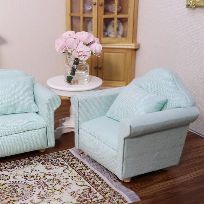 Dollhouse Couch Miniature Furniture Sofa with Pillows for Living Room Desktop Decoration Fabric Sofa Mini Home Scene Accessories Ornament (Single Sofa, Green)