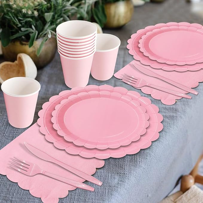 144Pcs Pink Birthday Party Supplies Pink Tableware Set Serve 24 Guests Includes Dinner Plates Cups Napkins For Wedding Baby Shower Birthday Party Decorations
