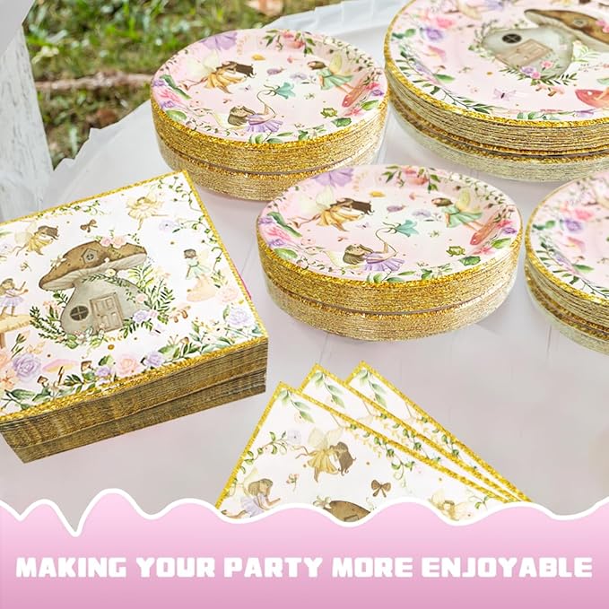 192 Pcs Fairy Party Tableware Set (Serves 48 Guests), Plates, Napkins, Forks, Enchanted Garden Theme for 1st Birthday, Baby Shower, Girls Fairy Party Decorations