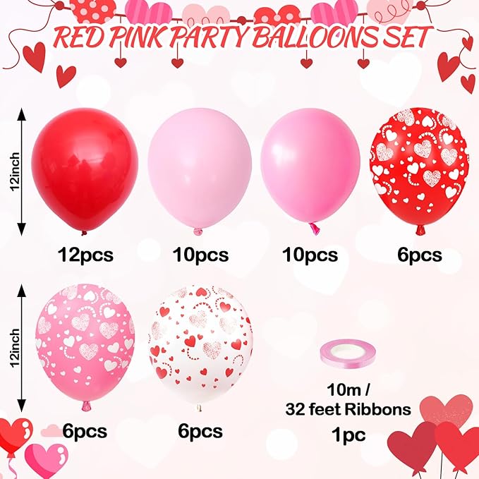 Red and Pink Balloons, 50 Pcs 12 Inch Pink and White Heart Printed Latex Balloon, Red Helium Heart Balloons, for Valentine’s Day Wedding Engagement Anniversary Baby Shower Birthday Party Decorations