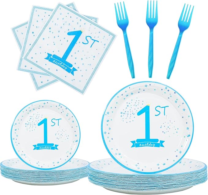 1st Birthday Decorations for Boys Blue First Birthday Party Tableware Set Baby boy Party Dessert Plates Napkins for 25 Guests