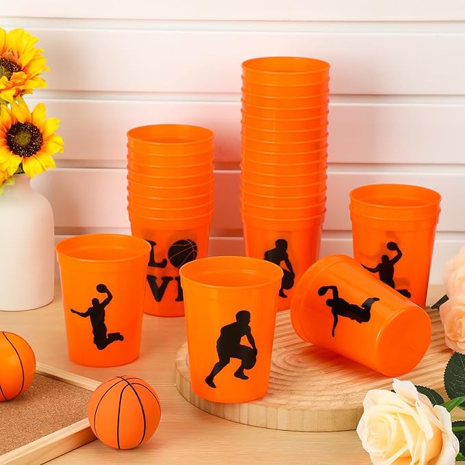 Zhehao 30 Pcs Sport Ball Plastic Cups Hockey Football Basketball Plastic Reusable Drink Cups Bulk 16 oz Stadium Tumbler Stackable Sports Tumbler for Sport Party Supplies(Basketball,Orange)