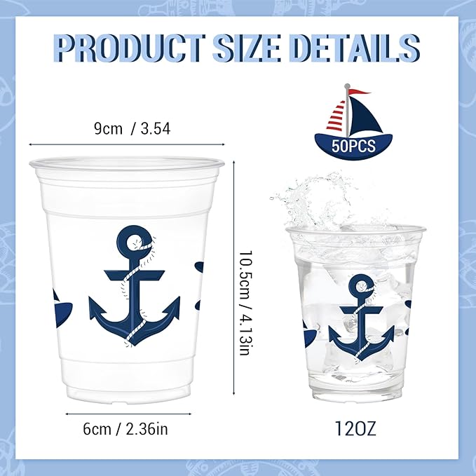50 Pcs Nautical Cups, 12 oz Nautical Plastic Party Cups for Home Kitchen Birthday Summer Ocean Party Favors Supplies Decoration