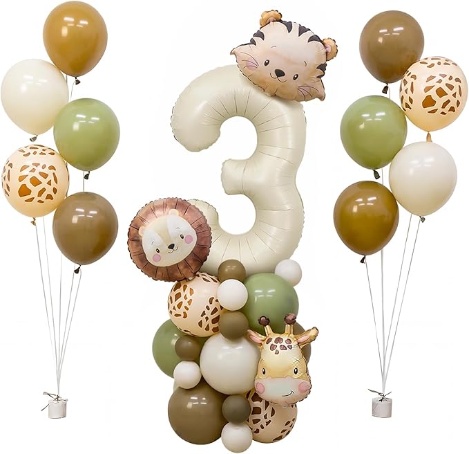 Jungle Safari Birthday Balloons, Animal Balloons Birthday Party Supplies for Safari Birthday Wedding Shower Party Decorations (Cream, Number 3)