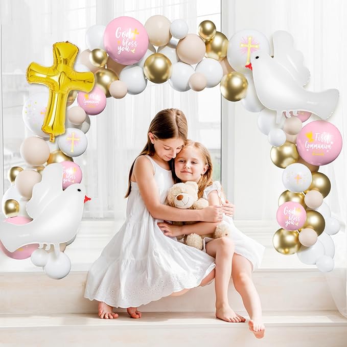 169 Pcs First Communion Decorations Balloons Kit Baptism Party Decorations Pink Metallic Gold Balloons Arch Kit First Holy Communion Decor for God Bless Christening Birthday Theme Party Supplies