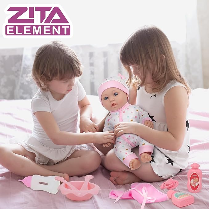 ZITA ELEMENT 12″ Baby Doll Sleeping Basket Set in Gift Box - 13 Piece Soft Baby Doll with Accessories, for Girls Ages 3+