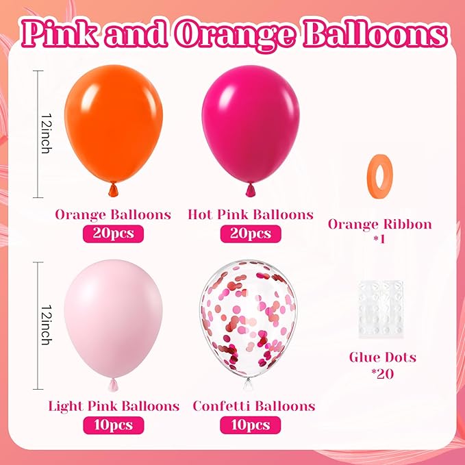 Pink and Orange Balloons, 60pcs 12 Inch Pink and Orange Party Decorations with Confetti Balloons for Bachelorette Tropical Luau Party Engagement Birthday Party Decorations