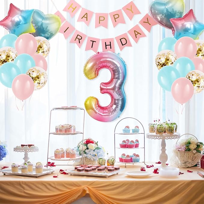 3rd Birthday Decorations for Girls Gradient color Age 3 Birthday Balloons with Happy Birthday Banner for Baby showers Third Birthday Party Supplies for Girls Boys (3rd-Birthday)