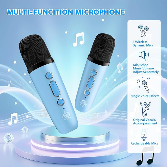 Kids Karaoke Machine for Kids Frozen Toys for Girl Gift, Mini Karaoke Machine with 2 Wireless Microphones Ages 3,4,5,6,7,8,9,10,11,12+ Year, Microphone for Kids Christmas or Birthday Toy Gift (Blue)