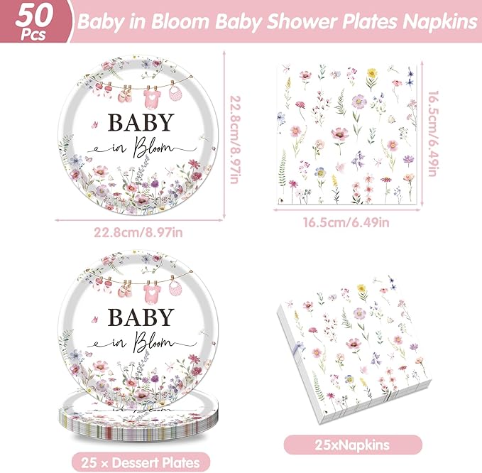 Rakuto Baby Shower Plates Napkins - 50 Pcs Baby in Bloom Baby Shower Decorations, Disposable Spring Floral Wildflower Party Tableware Set Supplies for Gender Reveal Serves 25