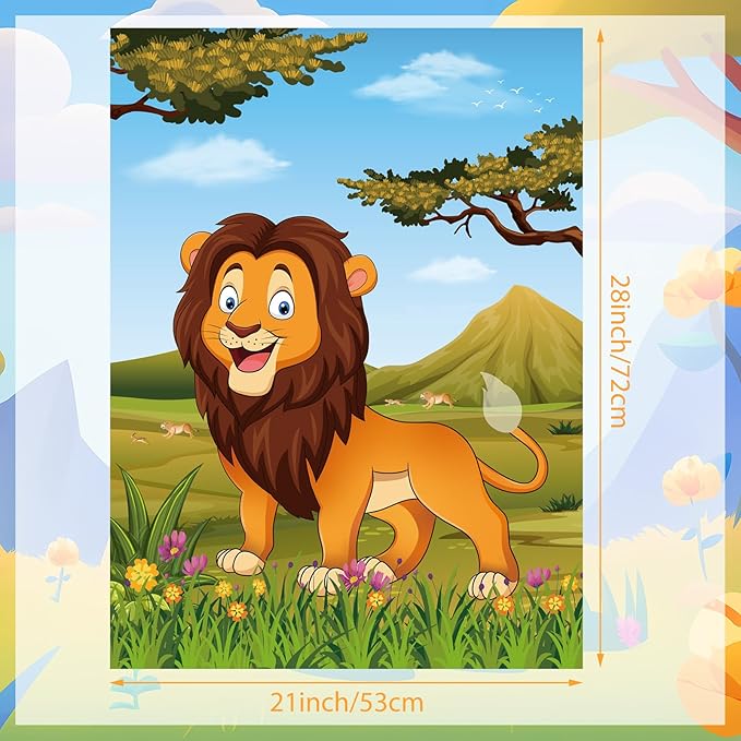 PLULON Pin The Tail on The Lion Party Game Kids Lion Games Poster with Tail Stickers for for Lion Party Favors Boys Birthday Party Supplies Party Decorations