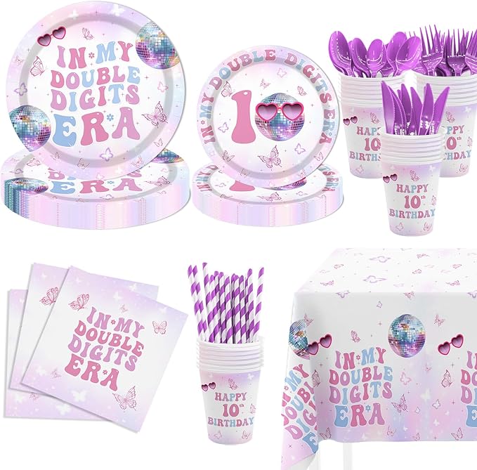 MEHOFOND 193pcs 10th Birthday Party Supplies for Girls, In My Double Digits Era Tableware Set with Plates Napkins Cups Tablecloth, Iridescent Disco Music Theme Birthday Decorations, Serves 24