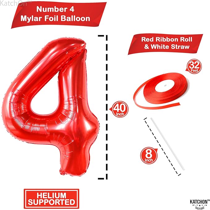 KatchOn, Giant Red Number 4 Balloons for Birthdays - 40 Inch | Red 4 Balloon Number | 4th Birthday Balloons for Boys and Girls | Number Balloons for 4th Anniversary Decorations