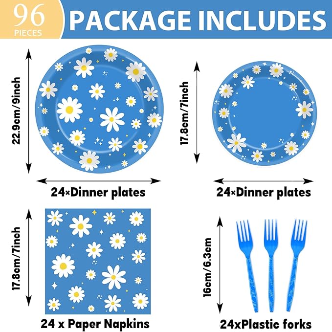 96Pcs Daisy Birthday Party Supplies Groovy Flower Paper Plates and Napkins Spring Floral Disposable Dinner Dessert Tableware Set for Blue Baby Shower Birthday Party Decorations Serve 24