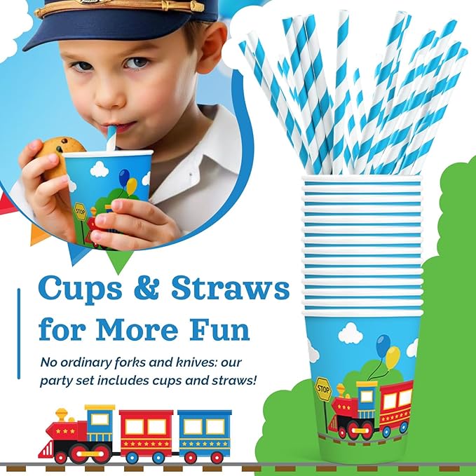 Chugga Chugga Two Two Birthday Party Decorations, 120Pcs Train Themed Party Supplies Transportation Disposable Tableware Includes Paper Plates, Napkins, Cups and Straws | Serves 24
