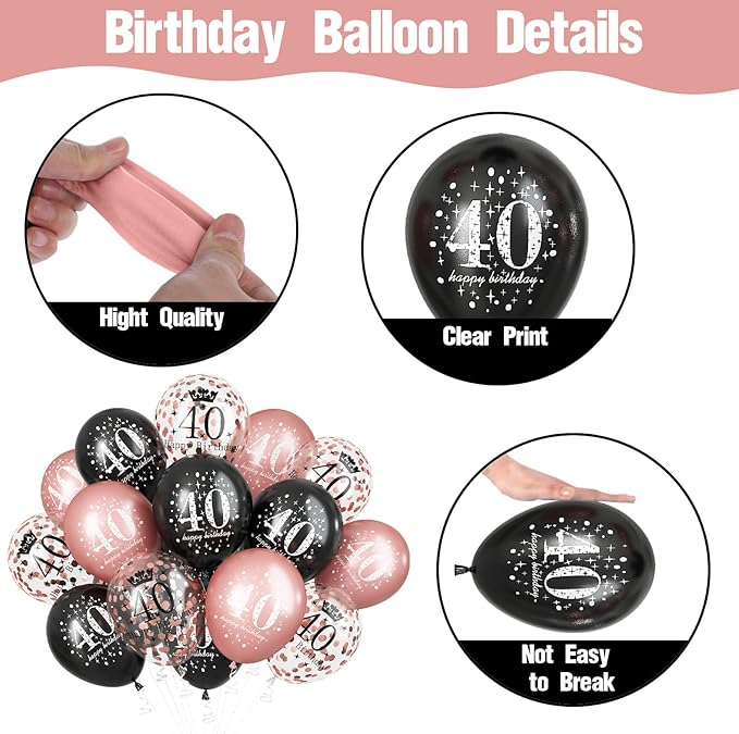 Black Rose Gold Happy 40th Birthday Balloons, 15 Pieces 40th Birthday Decorations for Women, 40th Latex Helium Balloons for Her Age 40 Years Old 40th Birthday Party Decor Celebration Supplies