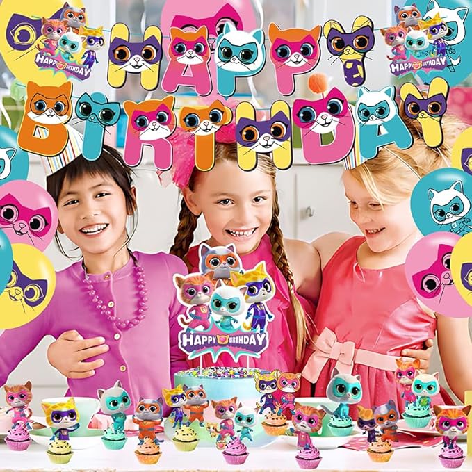 Super Cats Birthday Decorations, Super Cats Party Supplies Include Happy Birthday Banner, Cake Topper and Cupcake Toppers, Balloons for Kids Party Decor
