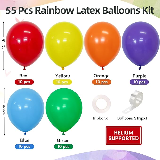 Rainbow Balloons 60 Pcs 12 Inch Latex Colorful Balloons for Balloon Garland or Arch as Birthday Party Baby Shower Wedding Party Decoration